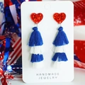 Detail of red sequin heart earrings with four-layer blue and white fabric tassels - Blue White Style 4