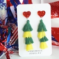 Detail of handmade heart sequin earrings with colorful yellow and green tiered fringe tassels - Red Yellow Green Style 6