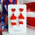 Patriotic heart fringe earrings with red glitter finish and tiered cotton tassels - Red White Style 8