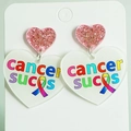 Close-up of heart-shaped acrylic earrings with pink glitter and Cancer Sucks rainbow ribbon - Rainbow Text Heart Style (2) / White