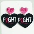 Pink glitter and black acrylic heart earrings with Fight text for cancer awareness - Black
