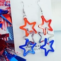 Patriotic triple star drop earrings in red, silver, and blue colors for Independence Day - Triple Star Style (1)