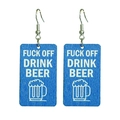 Detail of wooden earring with blue wood grain texture and Fuck Off Drink Beer slogan - Fuck Off Drink Beer Blue Style