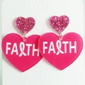 Close-up of pink acrylic heart earrings featuring Faith text and breast cancer ribbon - Rose Pink FAITH Heart Style (4) / Rose Pink