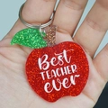 Detail of glittery acrylic apple keychain with Best TEACHER ever text and metal ring - Best TEACHER ever (Apple)