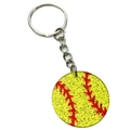 Porte-clés de softball jaune scintillant avec coutures rouges sur fond blanc pur - Style Softball Jaune