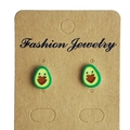 Detailed close-up of cute cartoon avocado stud earrings with heart detail on display card - Avocado Style