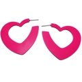 Chunky fluorescent hot pink heart-shaped hoop earrings with retro C-style design - Heart Shape / Fluorescent Pink