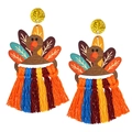 Detail of Thanksgiving turkey earrings with colorful woven fringe and glitter studs - Painted Turkey with Colorful Tassel / 1