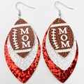 Football MOM faux leather leaf earrings with brown glitter and red sequin layers - Red White Style (2)