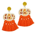 Detail of fall earrings with wooden pumpkin charms, maple leaves, and orange silk tassels - 5