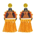 Handmade Thanksgiving earrings with turkey charm and bright orange tassels for holiday - Pilgrim Hat Turkey with Bright Yellow Tassel / Style 3