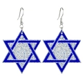 Blue glitter Star of David drop earrings for Hanukkah with silver hooks on white background - Blue Hexagram Style