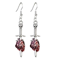 Gothic drop earrings featuring a silver dagger piercing a red enamel heart with a skull - Sword Through Heart Style