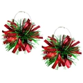 Christmas hoop earrings featuring festive red and green glitter tinsel balls for party wear - Red Green Shiny Tinsel Ball (2)