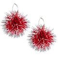 Detailed view of festive Christmas earrings with red and silver glitter tinsel fringe - Red Silver Shiny Tinsel Ball (3)