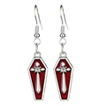 Detail of Gothic coffin earrings featuring red enamel fill and a central silver cross - Coffin Cross Style / Red Silver