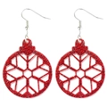 Macro view of red glitter acrylic snowflake earrings with silver fishhook hooks - Snowflake Ball Style (2)