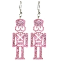 Detailed close-up of pink glitter nutcracker soldier earrings with silver metal hooks - Nutcracker Style (3)