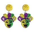 Detailed macro view of Mardi Gras comedy mask earrings with purple, green and gold sequins - Comedy Mask Style (6)
