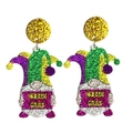 Close-up of Mardi Gras gnome earrings with purple green and gold glitter details - Gnome With Sign Style (4)