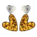 Boucles d'oreilles double cœur avec texture argentée et cuir à paillettes dorées - Champagne