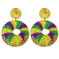 Close-up of Mardi Gras glitter acrylic earrings with purple green and gold stripes - Striped Circle Style (2)