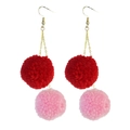 3D heart style red and pink pom-pom drop earrings with golden chain and hook - Red and Pink Knitted Pom Pom Style (1)