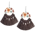 Detail of bohemian wooden floral earrings with brown woven fringe and vintage patterns - Tan (5)