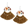 Bohemian vintage floral wood earrings with brown fringe tassels on white background - Brown (3)