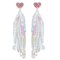Détail de boucles d'oreilles cœur rose pailleté avec longs glands à paillettes blanches - Style Gland Irisé Blanc Cœur Rose(14)