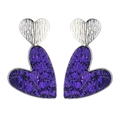 Boucles d'oreilles double cœur avec métal martelé argenté et cuir pailleté violet - Violet