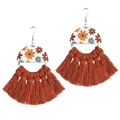 Bohemian retro wood daisy floral earrings with long reddish brown cotton fringe tassels - Wine Red (1)