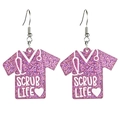 Boucles d'oreilles en acrylique rose pailleté design blouse avec texte Scrub Life - Style Haut de Scrub Rose (4)