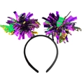 Purple, gold and green Mardi Gras tinsel headband with mask details on white background - Tinsel Pom Poms With Theater Mask Inserts