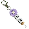 RN flower silicone bead keychain with wooden bead and silver clasp on white background - Purple