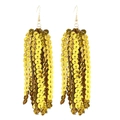 Detail of long gold sequin tassel earrings with multi-layered metallic disc fringe charms - Hook Style Gold Tassel (12)