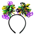 Detail of Mardi Gras headband with purple, gold, and green tinsel balls and masquerade masks - Tinsel Balls With Masquerade Mask Decor