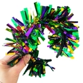 Handheld view of Mardi Gras headband with green, purple, and gold tinsel foil fringe - High Shine Multicolor Foil Tassels
