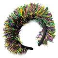 Detail of glittery purple, green, and gold tinsel strands on festive carnival headband - Dense Multicolor Metallic Foil Tinsel