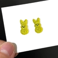 Detail of yellow glitter acrylic bunny stud earrings on white display card - Yellow Glitter Rabbit