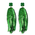 Sparkling green St. Patrick's Day shamrock earrings with long sequin tassel dangles - Emerald Green Tassel Style (2)
