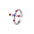 Bague ajustable argentée en forme de croix avec des points en émail rouge blanc et bleu - Style de Croix en Perles Rouge Blanc Bleu (J419-2)