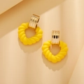 Twisted yellow matte hoop earrings with gold-plated accents and sparkling crystals - Yellow Twisted Hoop (ZXE383 Yellow)