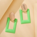 Detail of gold geometric earrings with neon green lacquer and textured dotted finish - Bright Green Rectangle (ZXE382 Green)