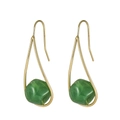 Elegant gold drop earrings with minimalist metal lines and green resin globes on white background - Green