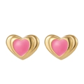 Detailed close-up of pink enamel heart earrings with gold-plated stainless steel edges - Pink 3D Heart Style (ZXE851)