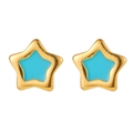 Close-up of gold-plated stainless steel star earrings with blue enamel filling - Sky Blue Star Style (ZXE844)