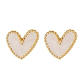 Detail of heart stud earrings with gold beaded edges and white marble enamel finish - White Marble Texture Heart Style (ZXE843)