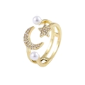 Bague ajustable dorée avec étoile, lune, zircons et deux perles élégantes - Ouvert Réglable / Étoile Lune Perle Artificielle (J425 Or)